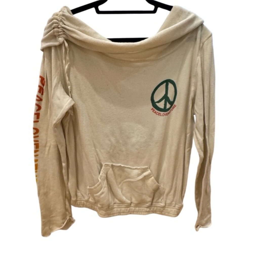 Off-the-Shoulder Cream Sweater with Peace Sign